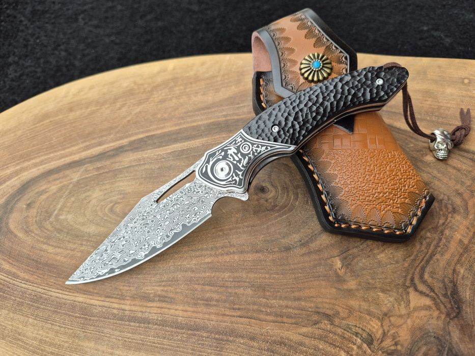 Уникален сгъваем нож дамаска стомана с кожена кания,SD11