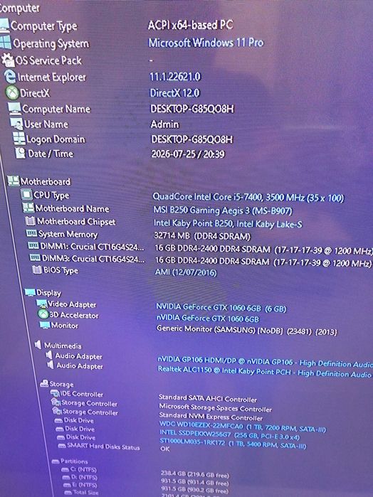 Pc Gaming MSI AEGIS 3 , i5 7400 , 32 gb ram , Gtx 1060 6 gb  , 2,25 Tb stocare