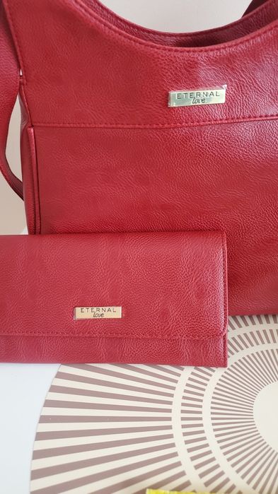 Червена кожена чанта+портмоне