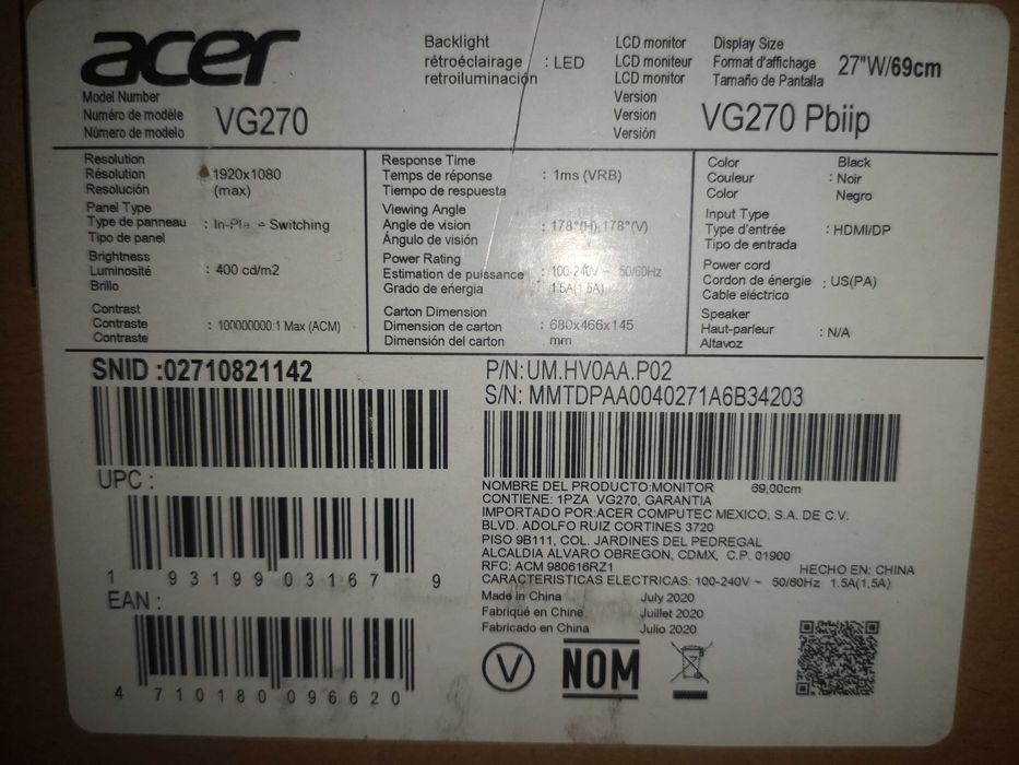 ACER NITRO  VG 270 PBIIP FULL HD 1920 х 1080  1мл.сек- 144 Hz частота