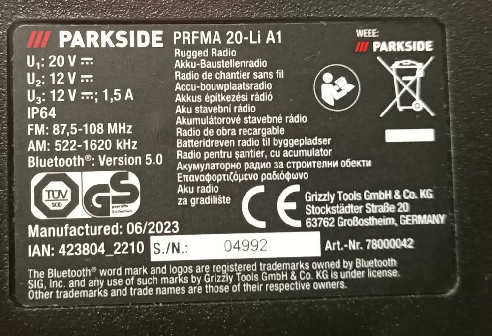 Parkside Radio baterie 12V 20V  camping santier Bluetooth USB stereo