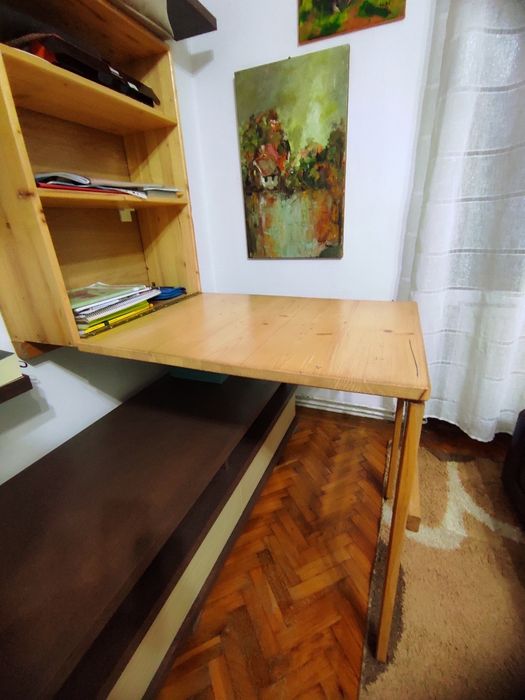 Birou pliabil de perete, masă de perete pliabilă cu rafturi ptr living