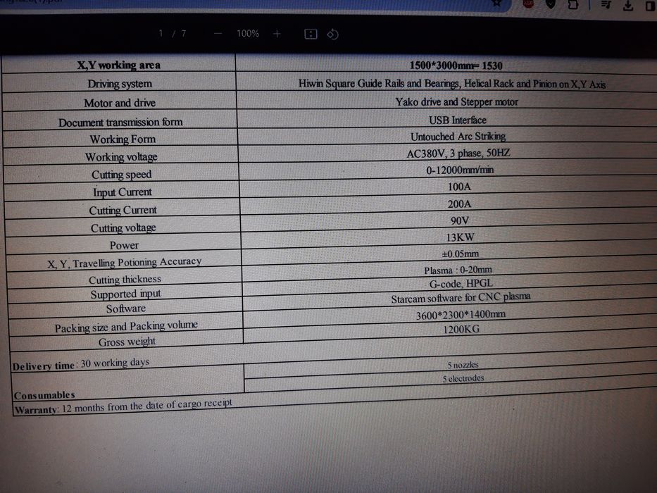 Plasma CNC 3000x1500mm 200A