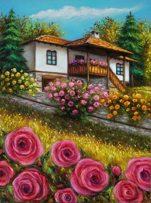 Картина, Принт върху хромирана хартия, Селска къща, Пейзаж, Цветя