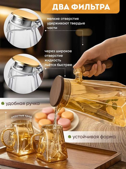 Графин с кружками с оригинальным дизайном из боросиликатного стекла.