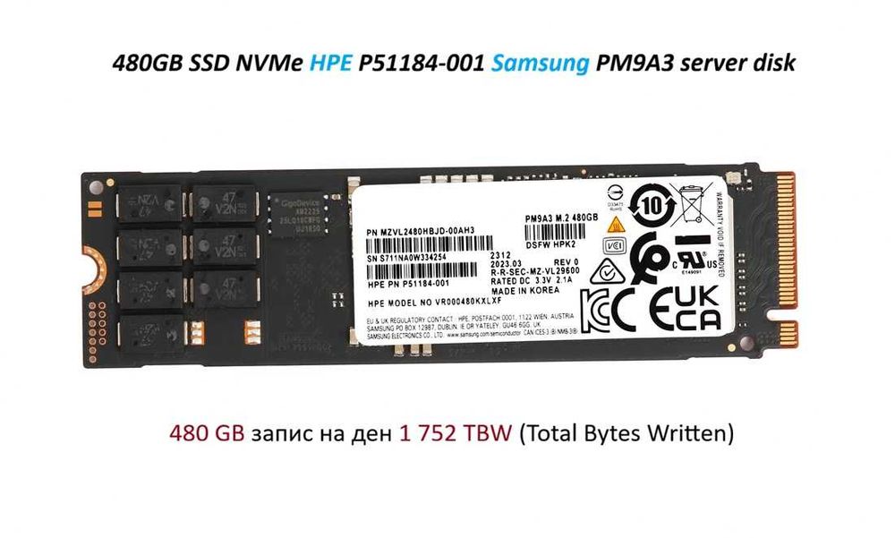 Samsung 480GB PM9A3  SSD NVMe HPE P51184-001   server disk сървърен диск за лаптоп и настолен компютър
