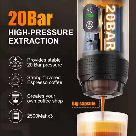 Espressor portabil cu LED cafea calda/rece 72W rezerv 80ml 7500mAh ALB
