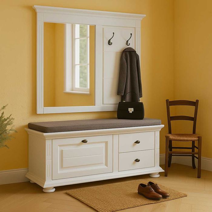 Set mobila hol  din lemn masiv, bancuta si cuier cu oglinda