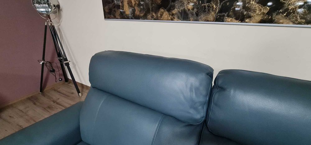 Тюркоазено син кожен диван тройка с ел. релакс механизъм La-z-boy