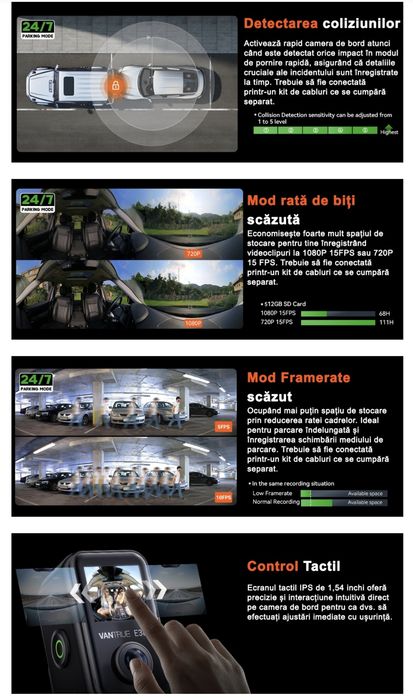 Camera auto Vantrue E360 filmare 360 grade kit supraveghere continuă inclus