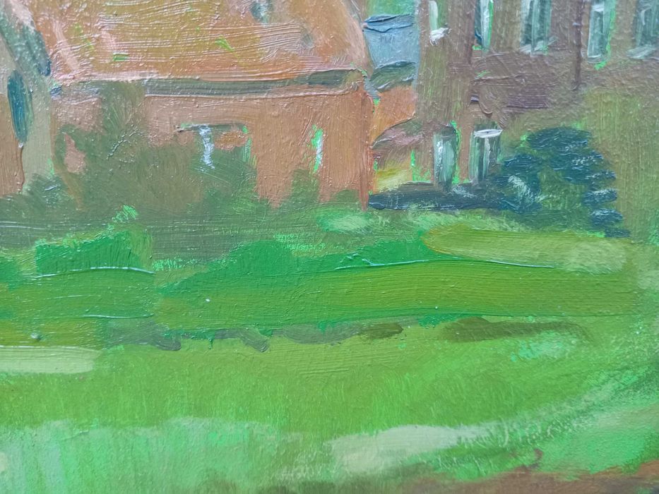 Tablou vechi - peisaj rural cu biserica - semnat Baba