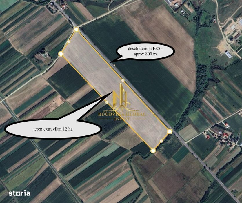 Teren 12,08 ha, front E85, lângă nod rutier Drum Expres Suceava–Siret