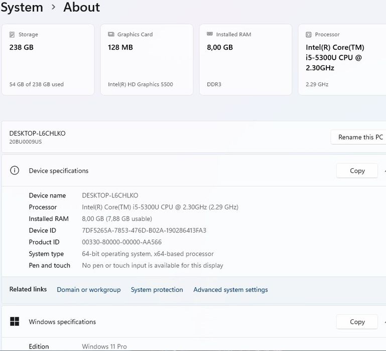 Lenovo Lenovo T450 i5 5300U 2,3Ghz, 8GB 250GB, Intel HD 5500, Win11