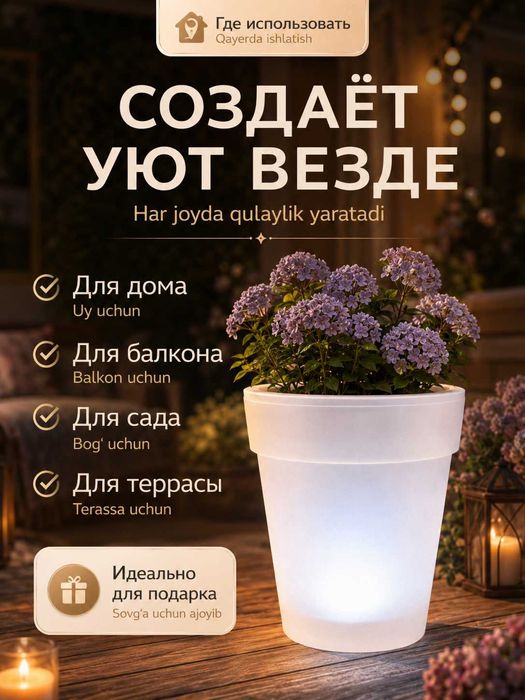 Кашпо горшок для цветов с LED-подсветкой, авто-включение 0,9л, 2шт