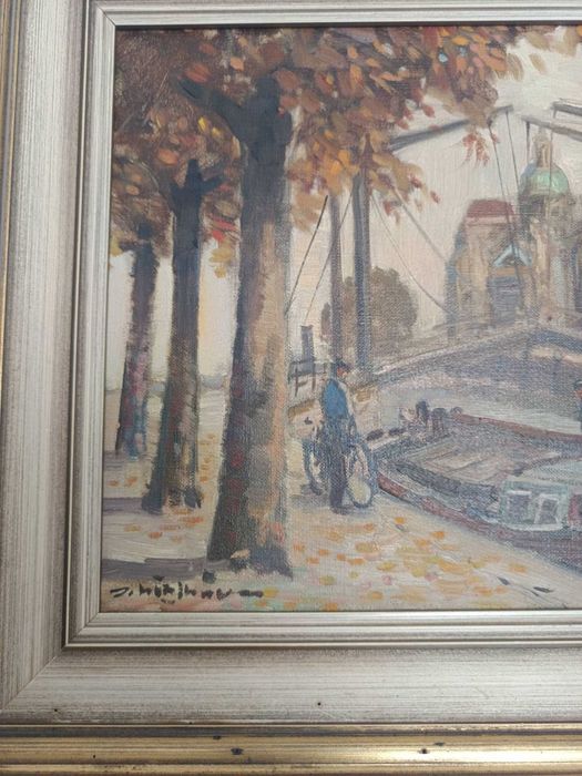 Стара западноевропейска картина – масло върху платно,лодки, пейзаж, масивна рамка