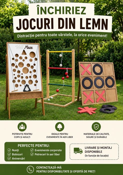 Închiriez jocuri gigant din lemn pentru evenimente – Wall Maze, Ladder Ball și X și 0