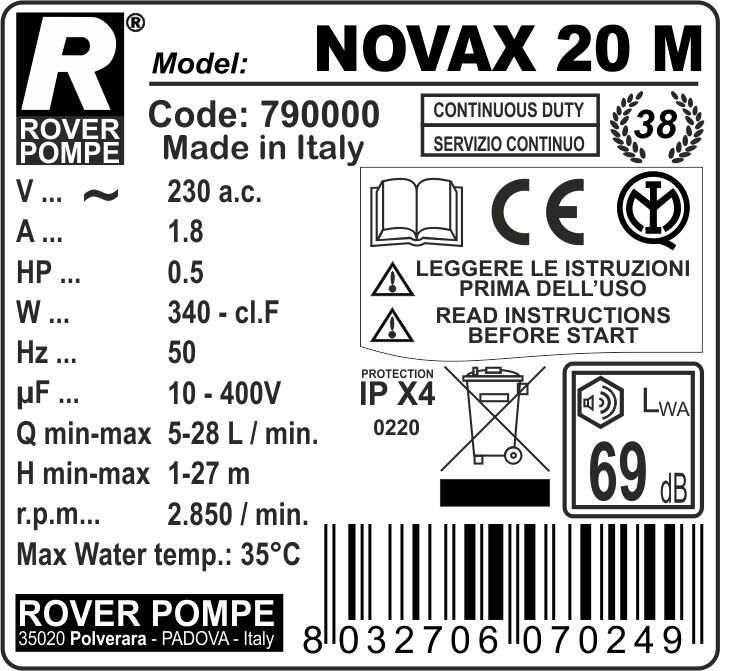Pompa transvazare vin si lichide alimentare, inox Rover - Novax 20 i