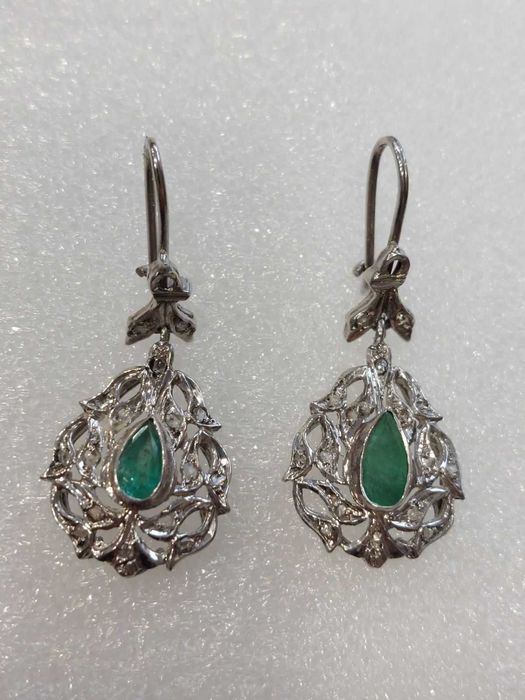 Стари дамски златни обеци с изумруд и диаманти;злато, златен ,златна