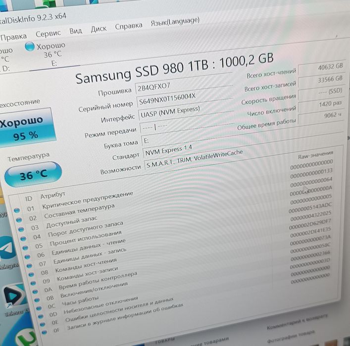 Оригинал SSD nvme SAMSUNG 980 1TB 95%