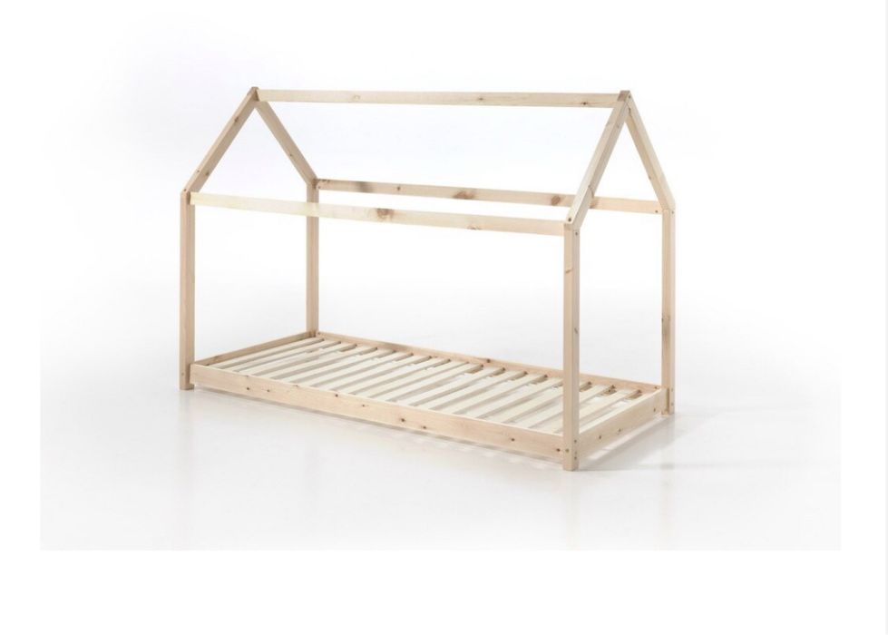 Pat montessori tip casuta lemn natur 90x200 cu saltea inclusa