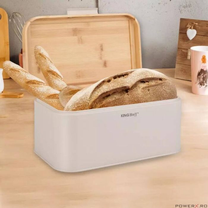 Cutie pentru paine, bej, cu capac din bambus, 30 × 20 × 14 cm,