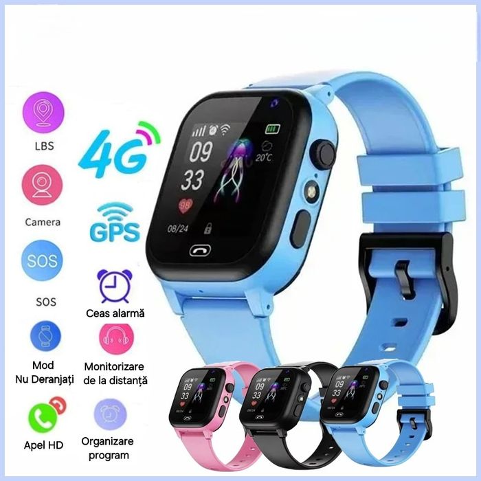 Smartwatch copii. SIM 4G. Localizare GPS. Foto. Apel/Mesaje/Chat.Negru