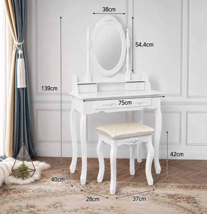 Masa de toaleta 75x140x40 cm în alb cu oglinda, 4 sertare si taburet ML-Design, nou