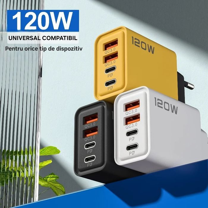 Încărcător 120W 4in1: 2Usb+2UsbC PD. Universal, multi dispozitiv. QC 3