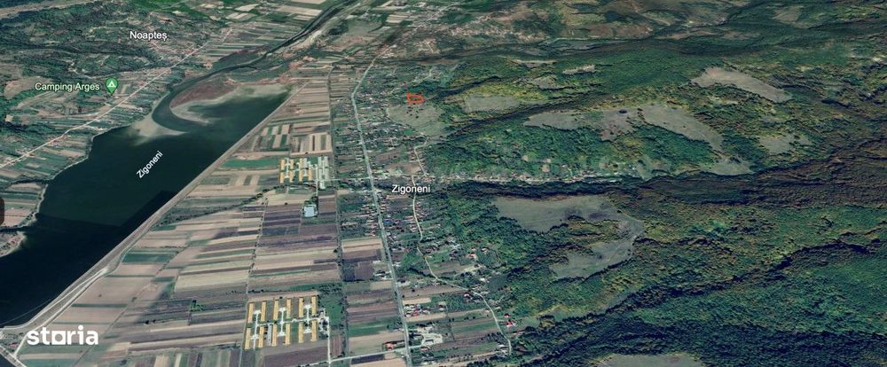 Teren vedere panoramica lac si dealuri Zigoneni, la padure, A1 Curtea