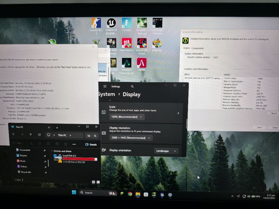 Laptop gaming MSI 165hz, rtx 3070ti 150w, i7 12th gen