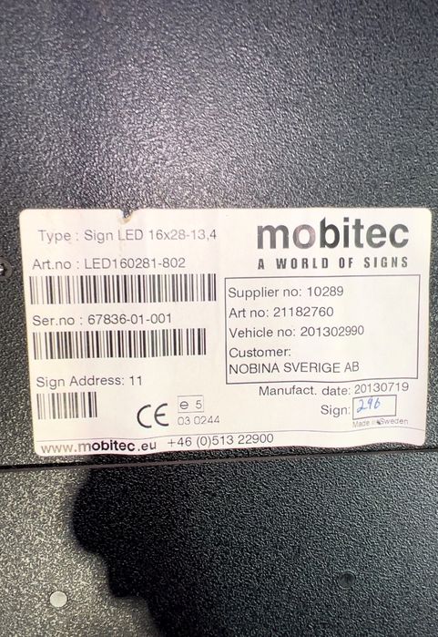 21182760 Semnul destinației autobuzului, spate MOBITEC B7, B8, B9, B12 bus (2005-) VOLVO