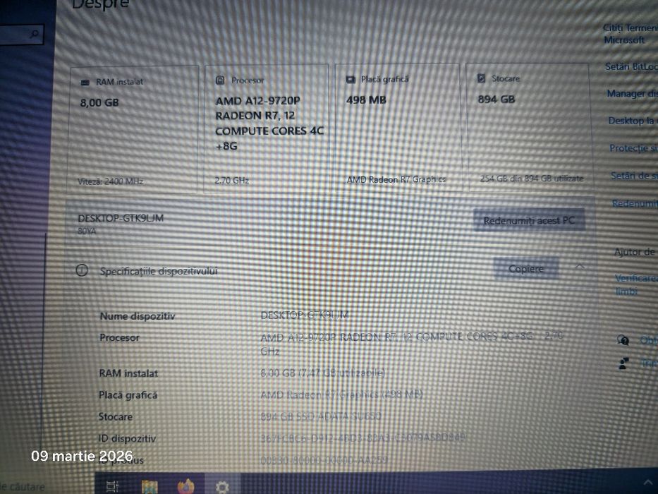 Laptop Lenovo AMD A12 8GB RAM SSD 1 tera GB stare foarte bună