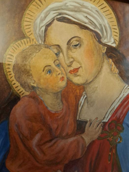 icoana Fecioara Maria cu Pruncul desen acuarele 16/21,5 cm