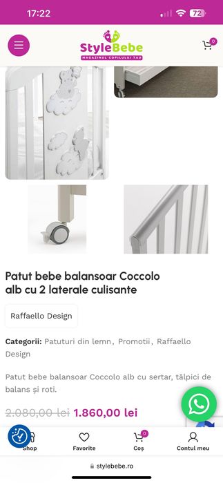 Patut bebelus (Coccolo), saltea cocos, protectii laterale patut