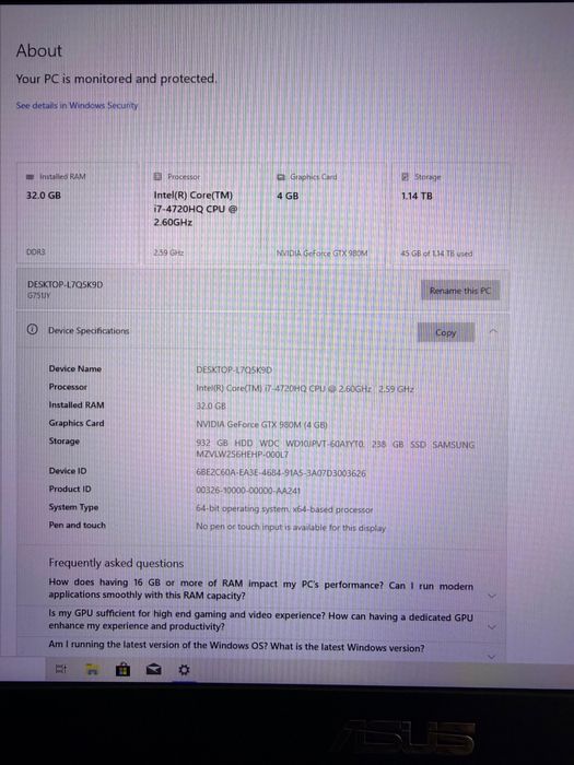 Laptop ASUS ROG G751JY 17.3 inch 32GB RAM SSD 256GB HDD 1TB i7