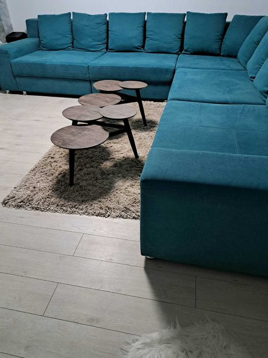Canapea stofă turcoaz 6 locuri, 350 cm × 350 cm × 120 cm