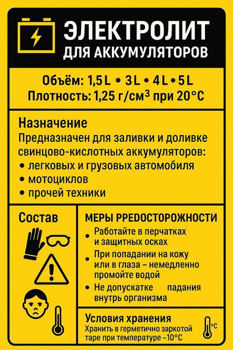 Elektrolit sotiladi
Zichligi: 1.25 va 1.28 g/sm³
Elektromobillar va ak