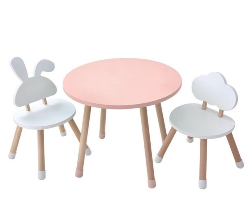 Set de masa si 2 scaune copii,Kiwai,alb /roz/natur,din lemn