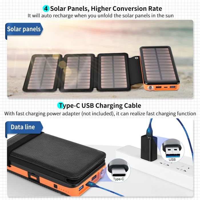 Външна батерия СОЛАРНА преносимо безжично зарядно 26800mAh power bank