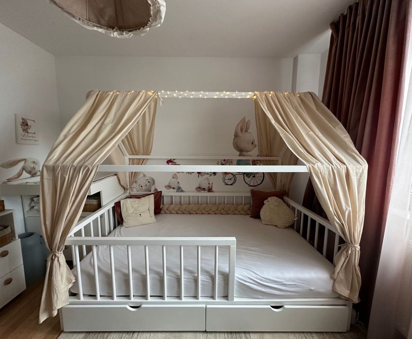 Pat casuta Montessori, pat copii, pat cu sertare, mobila camera copii