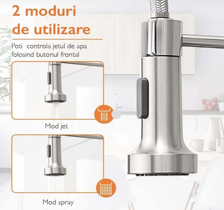 Baterie Bucatarie Chiuveta Flexibila HydroFlex, Extractabil, INOX