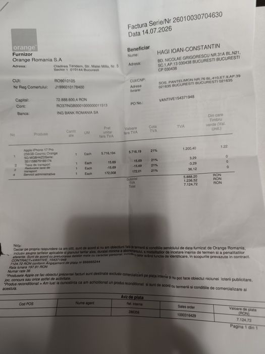 iPhone 17 Pro 256GB Orange Sigilat Factura/Garantie Liber de retea