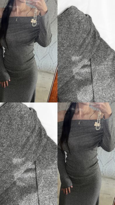 Серое платье с открытыми плечами