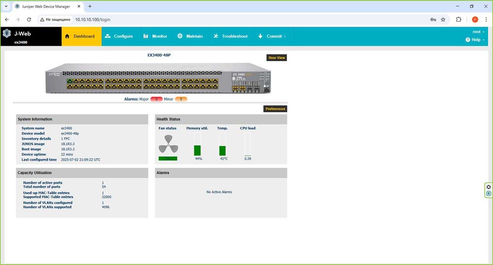 Коммутатор Juniper EX3400-48P, 48xGE, 4x10GE SFP+, 2x40GE QSFP+, PoE+