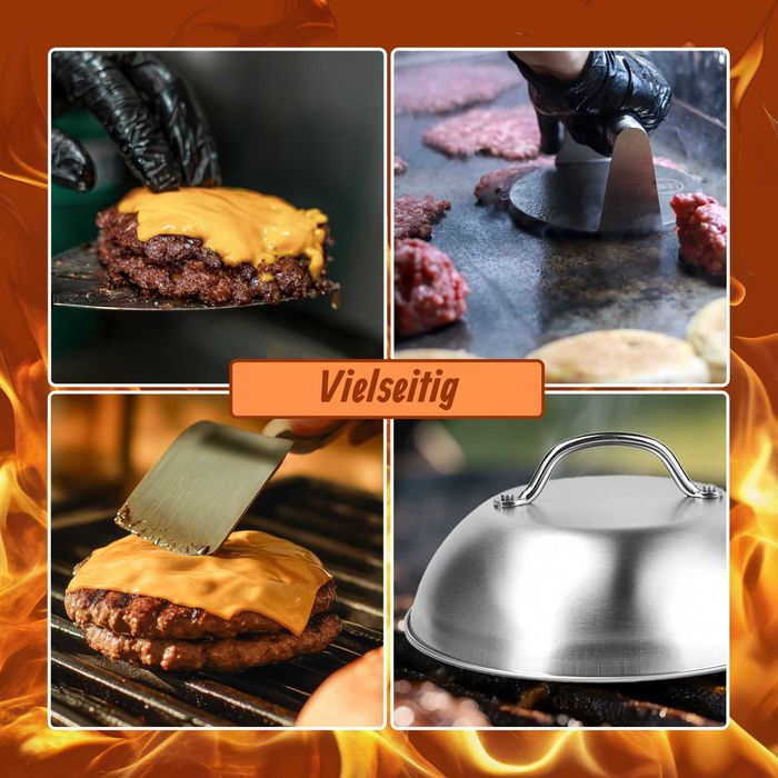 Set smash burger inox cu presa carne spatula si capac topire cascaval