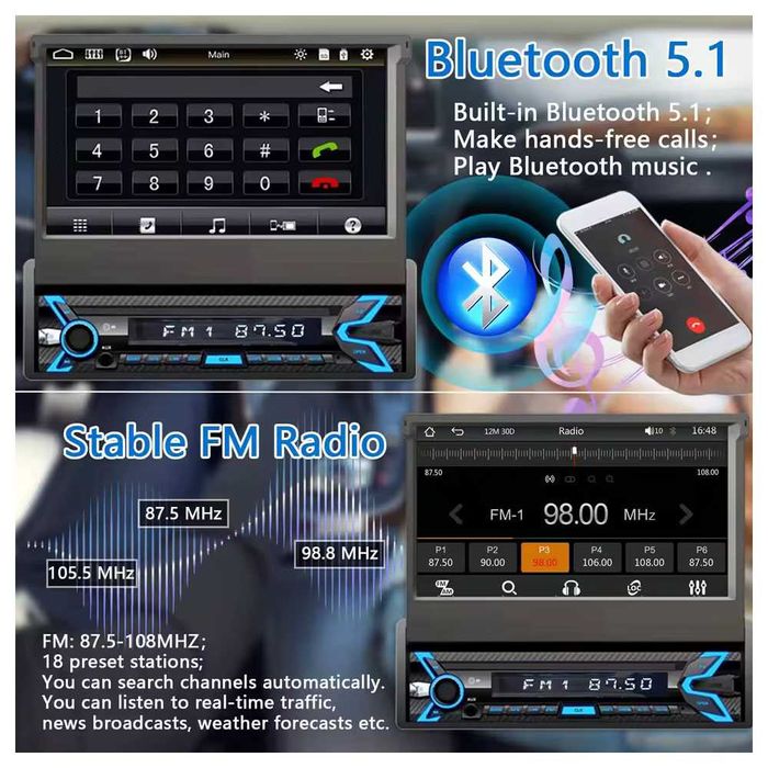 1 DIN Мултимедия 7" – CarPlay, Android Auto, 4 GB, 64 GB, Android 14