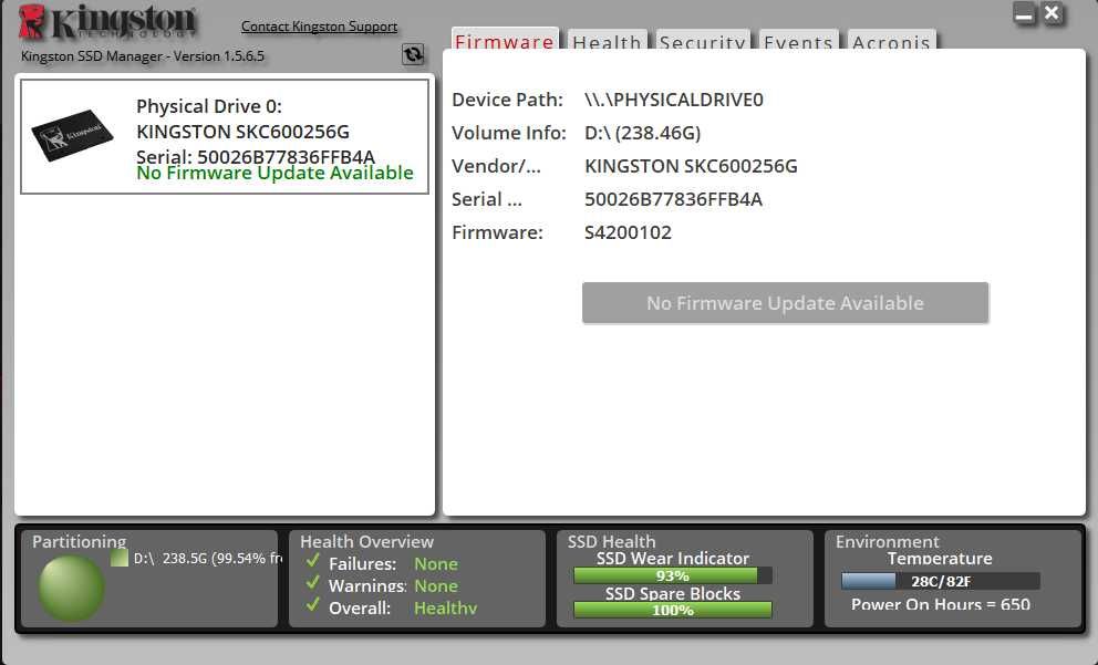 SSD Kingston KC600 256GB SATA III – 93% Health – Testat Complet – 562 MB/s