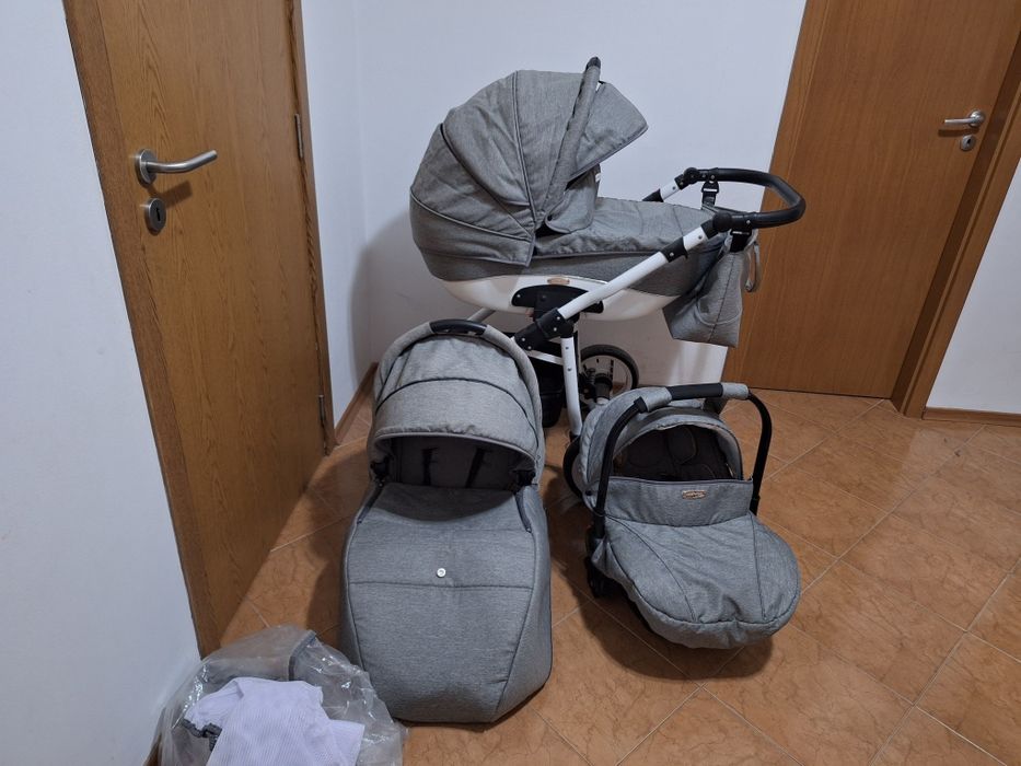 Бебешка количка 3 в 1 Adbor - Nemo len, сив лен