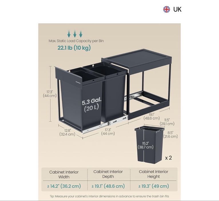 Кухненски кош за вграждане SONGMICS, 2x20L , Двойни отделения, Плавно издърпващ се дизайн, Стоманена