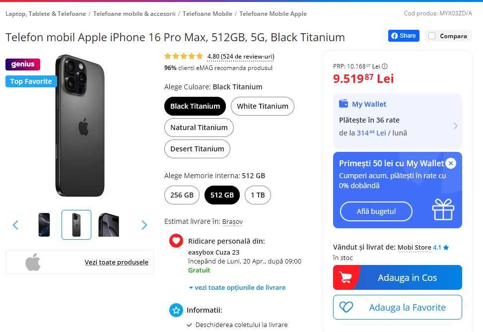 Telefon smartphone APPLE iPhone 16 Pro Max 5G, 512GB, Black Titanium, ca nou